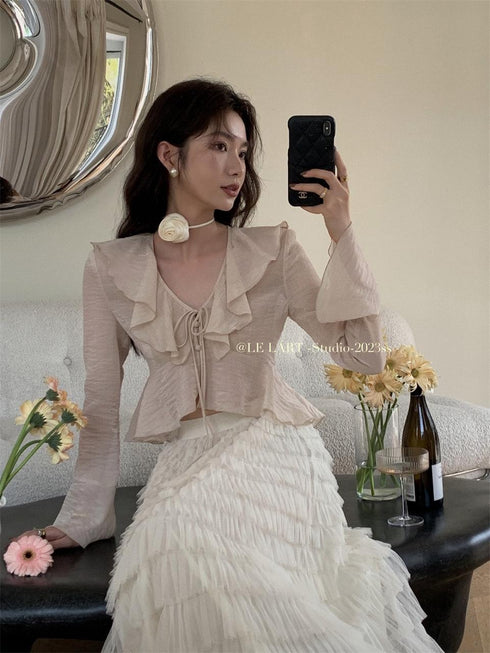 Spring Ruffled Neckline Crop Tops